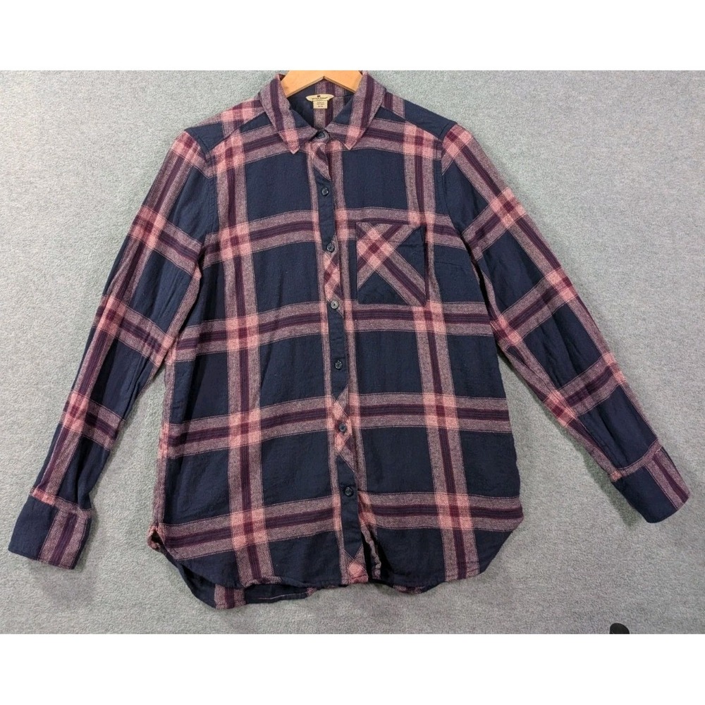 Woolrich Womens Medium Tartan Plaid Flannel Shirt Navy Purple Pink Cotton